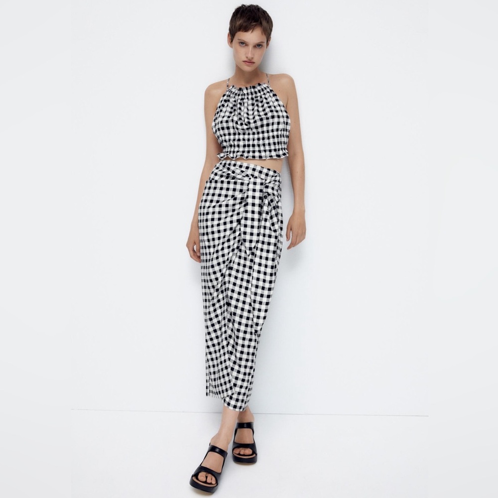 Zara linen blend gingham wrap skirt set